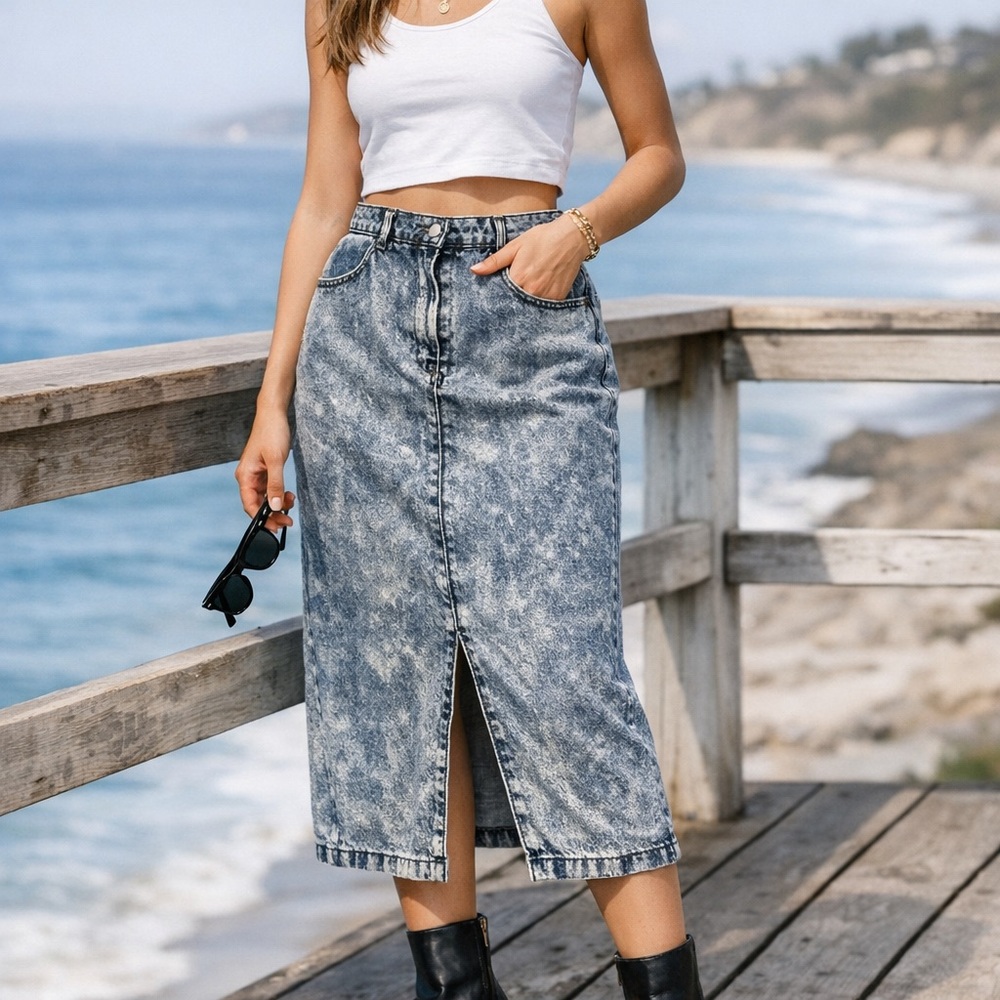 Vintage 80s Acid Wash Denim Midi Skirt | High Waist